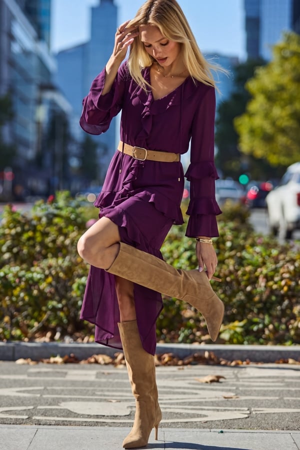 Magenta Chiffon Ruffle Detail Tiered Dress