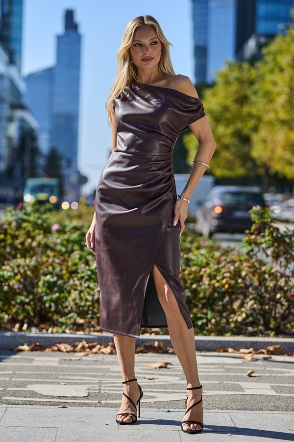 Burgundy Faux Leather Ruched One Shoulder Dress
