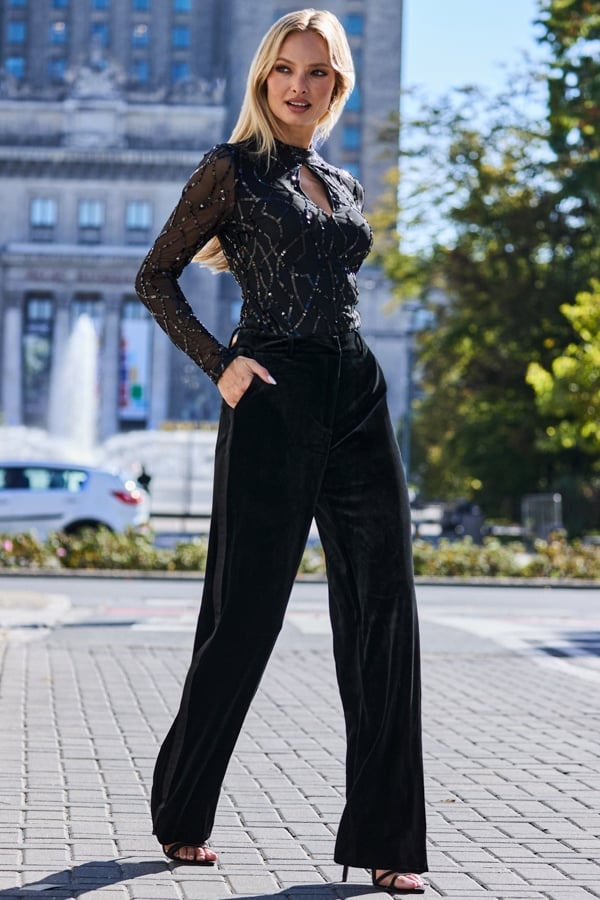 Black Velvet Satin Stripe Wide Leg Trousers