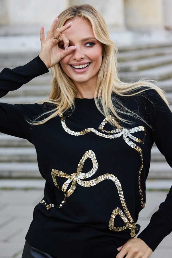 Black & Gold Sequin Bow Detail Jumper