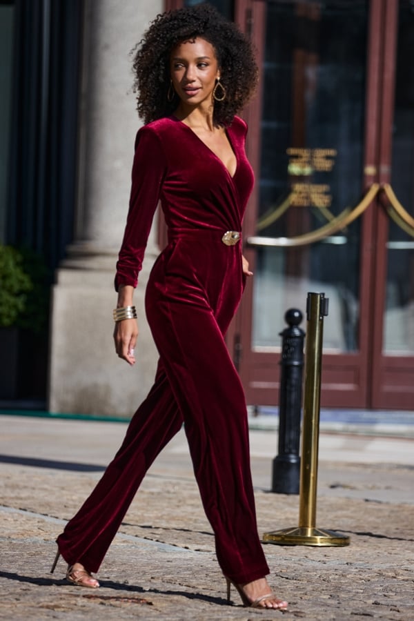 Ruby Red Velvet Wrap Ruched Detail Jumpsuit