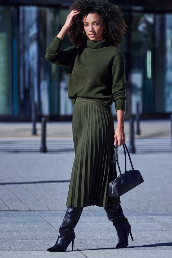 Khaki Green Faux Suede Pleated Midi Skirt