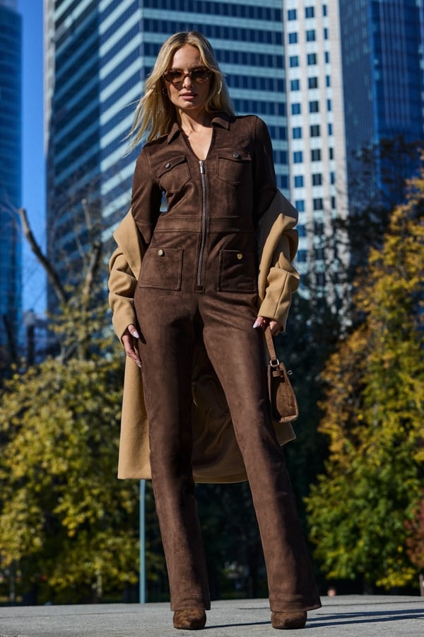Chocolate Brown Faux Suede Utility Bootcut Jumpsuit