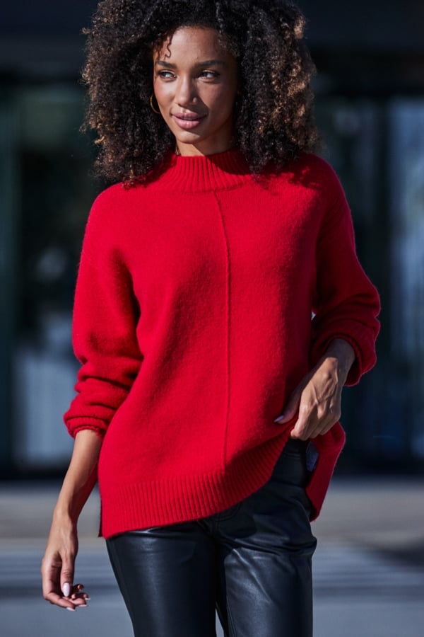 Red Funnel Neck Pintuck Detail Jumper