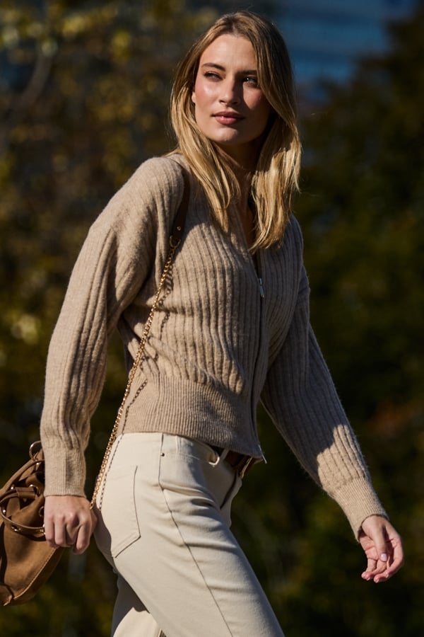 Taupe Funnel Neck Knitted Bomber Cardigan