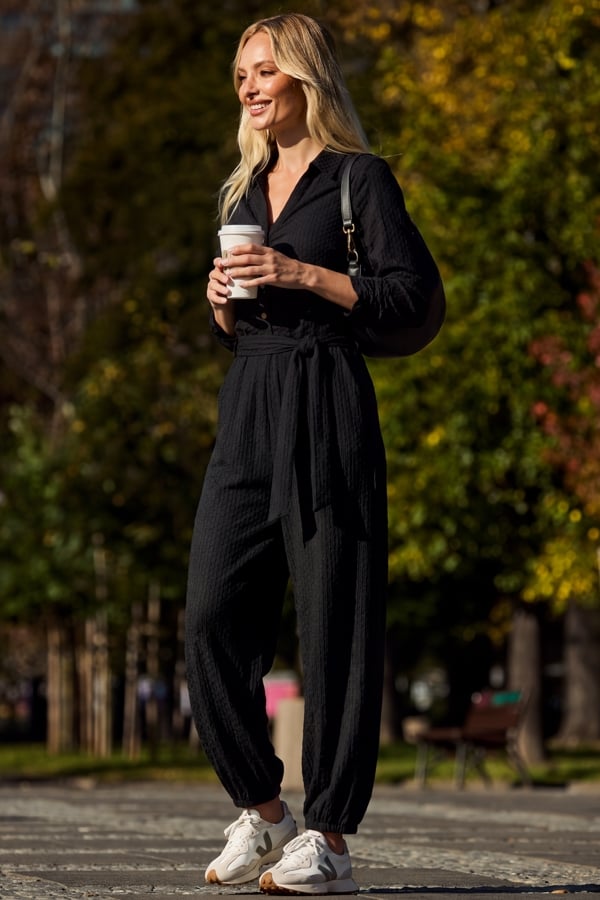 Black Textured Balloon Leg Jumpsuit