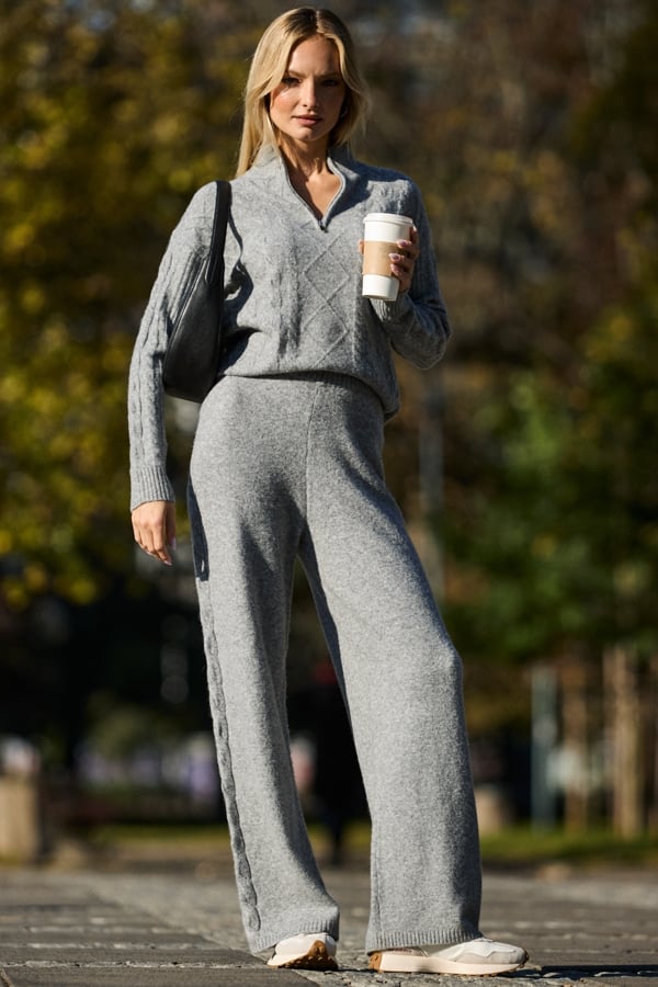 Charcoal Grey Cable Knit Zip Neck Jumper