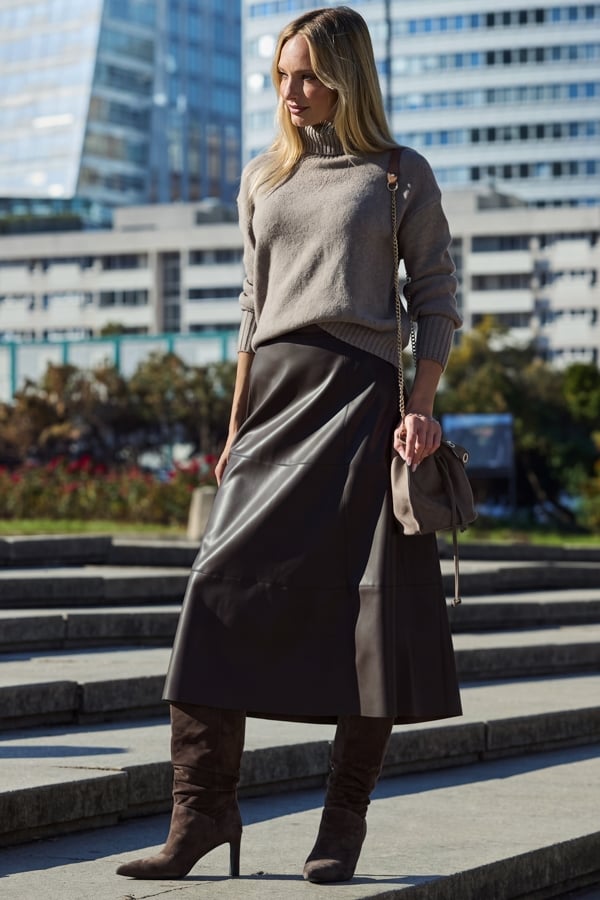 Chocolate Brown Leather Look Panelled A-Line Midi Skirt