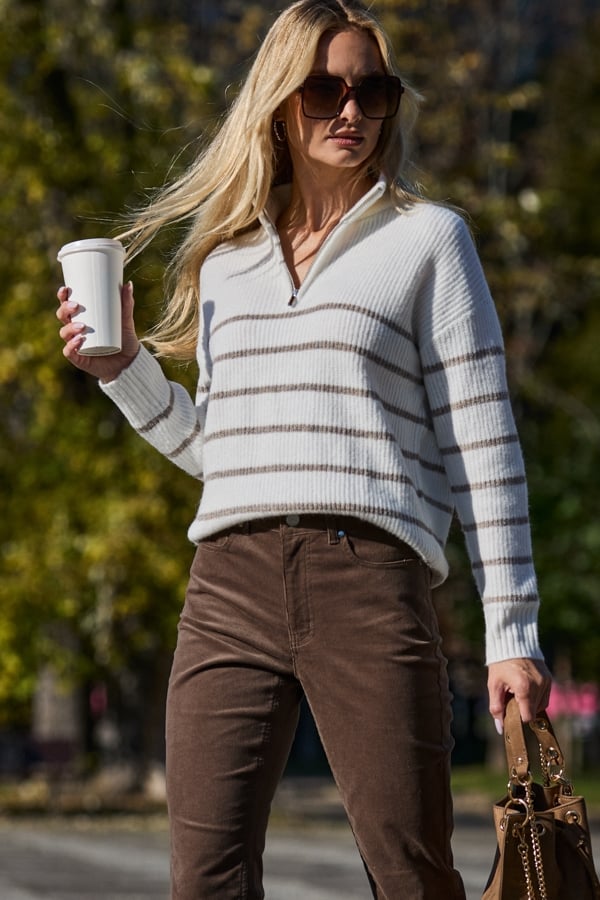 Ivory & Taupe Stripe Quarter Zip Jumper