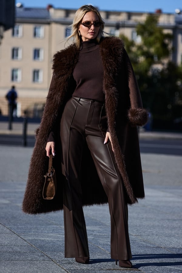 Chocolate Brown Faux Shearling Coat With Faux Fur Collar