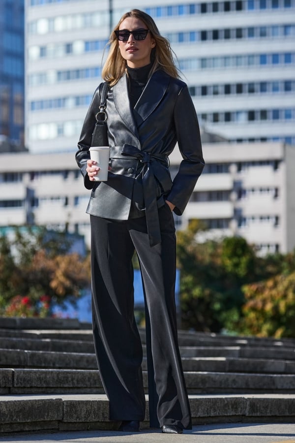 Black Leather Belted Jacket
