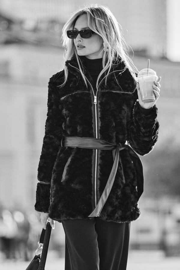 Black Faux Fur Belted Jacket With Faux Leather Detail