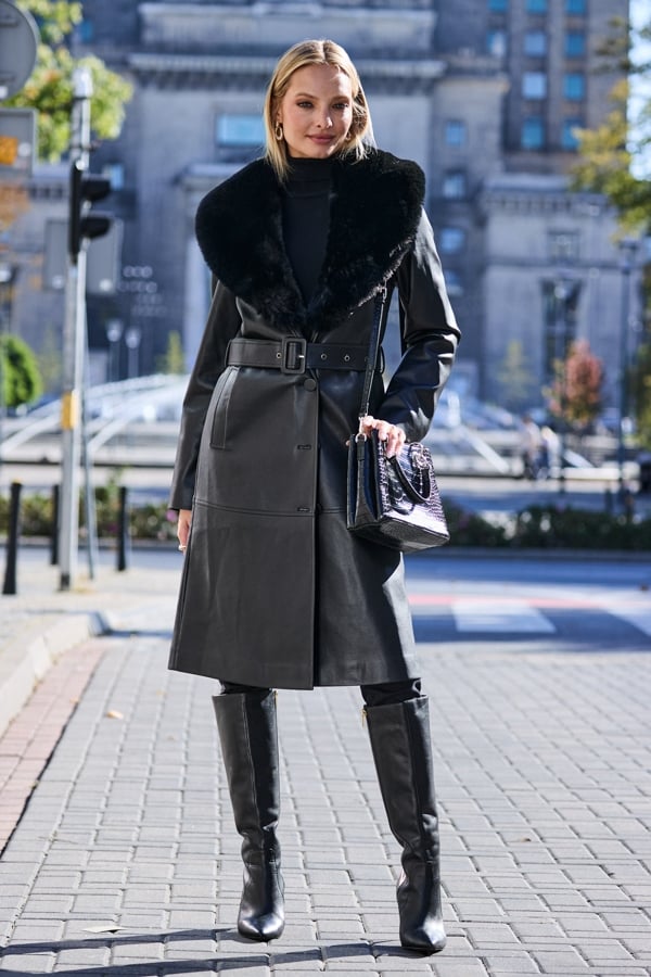 Black Luxe Faux Leather Trench Coat With Faux Fur Trim