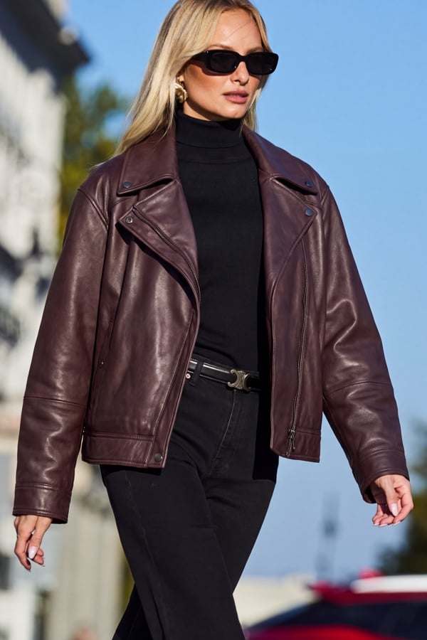 Burgundy Leather Relaxed Biker Jacket