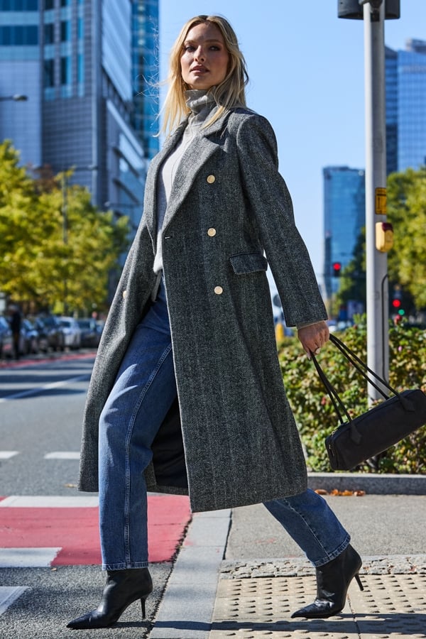 Dark Grey Herringbone Wool Mix Coat