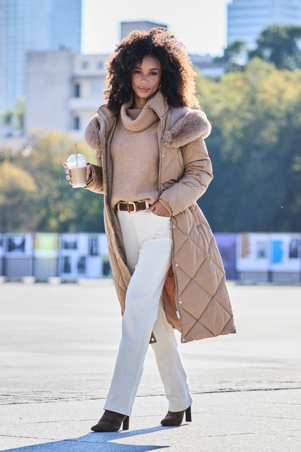Camel Diamond Quilt Padded Coat With Faux Fur Trim