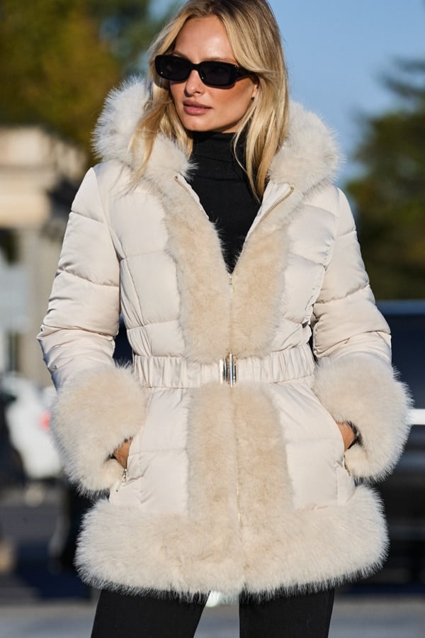 Cream Padded Coat With Faux Fur Trim & Cuffs