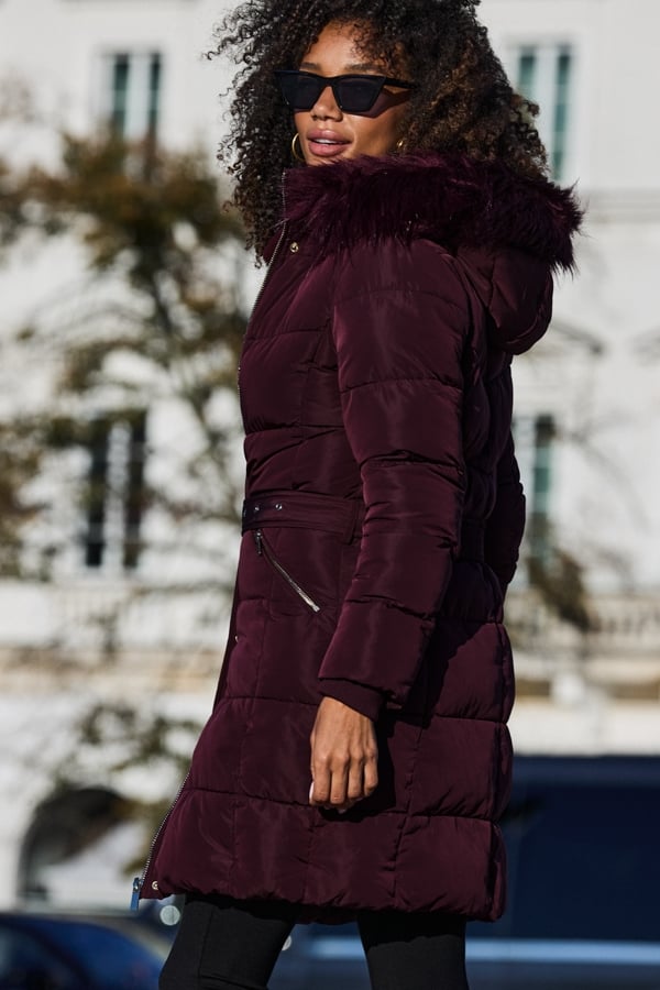 Burgundy Faux Fur Trim Padded Coat