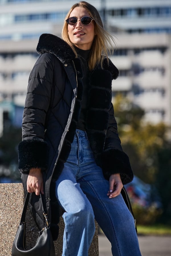 Black Faux Fur Detail Luxe Padded Coat