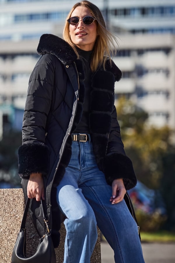 Black Faux Fur Detail Luxe Padded Coat