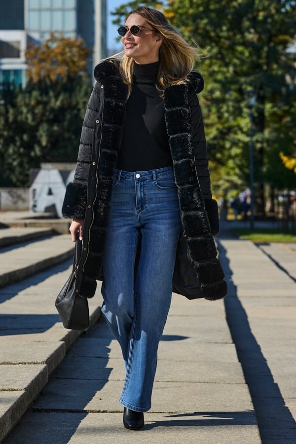 Black Faux Fur Detail Luxe Padded Coat