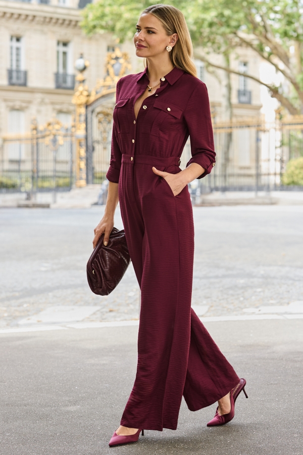 Burgundy Button Front Jumpsuit
