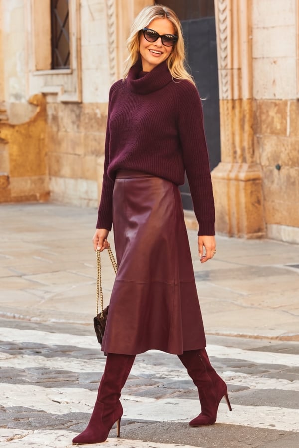 Burgundy Leather Look Panelled A-Line Midi Skirt
