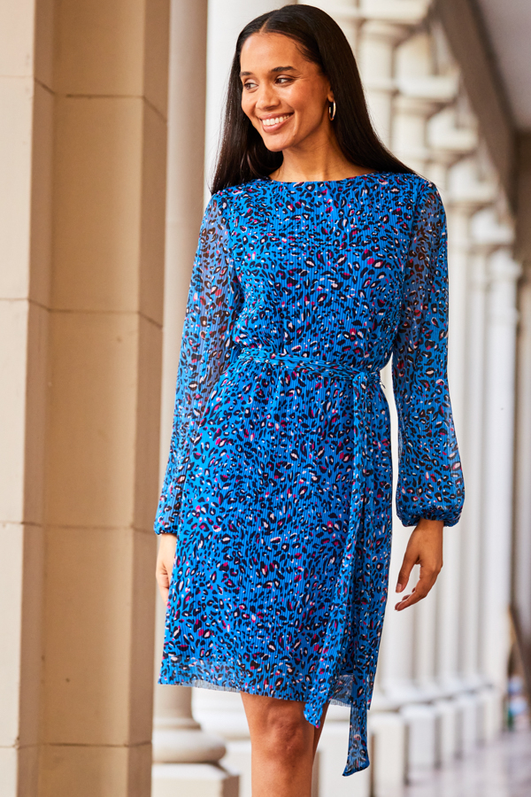 Blue Animal Print Plisse Belted Shift Jersey Dress