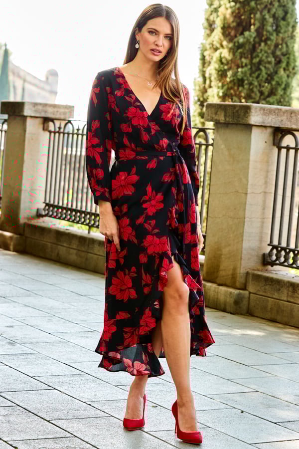 Red Floral Print Ruffle Hem Midi Wrap Dress