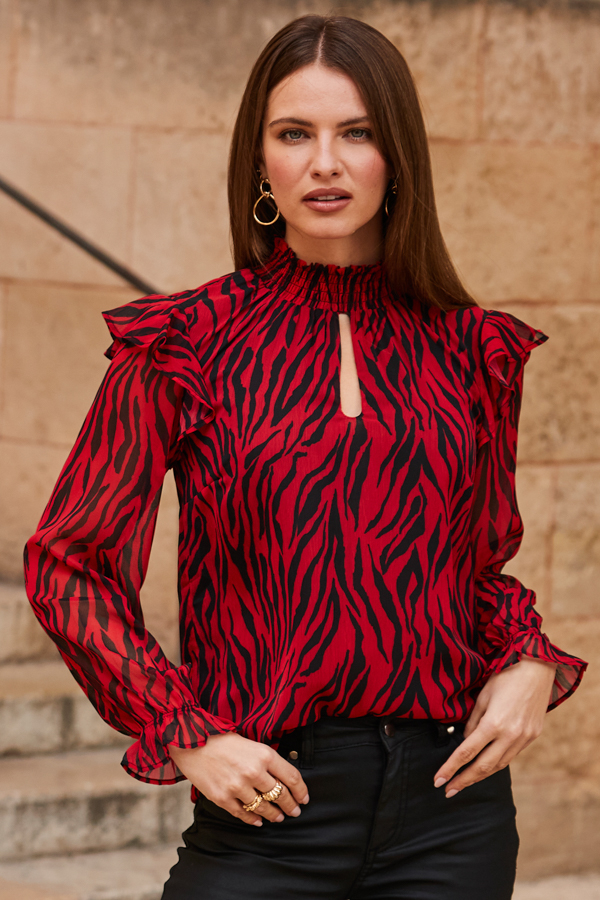 Red & Black Animal Print Keyhole Detail Blouse