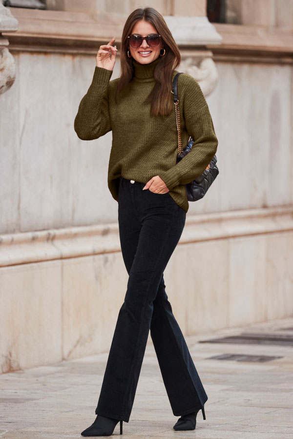 Khaki Green Chevron Roll Neck Ribbed Jumper