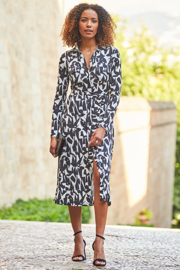 Black & White Geometric Print Belted Shirt Jersey Dress
