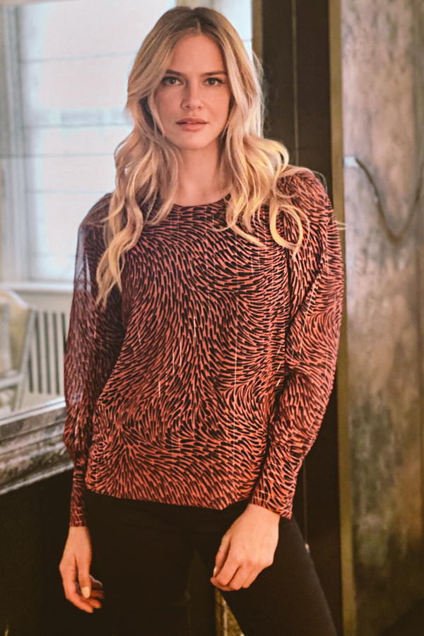 Black & Red Swirl Print Button Cuff Top