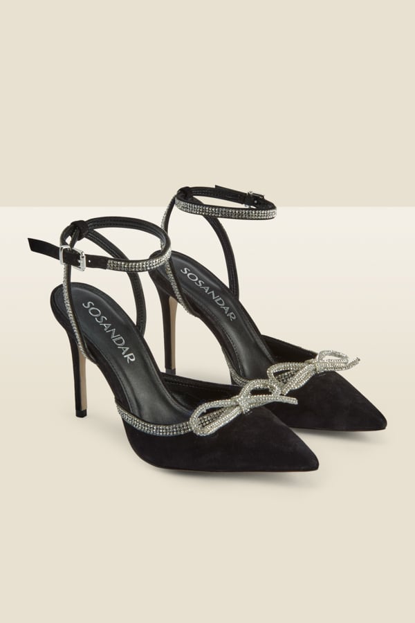 Black Suede Diamante Bow Trim Ankle Strap Court Shoe