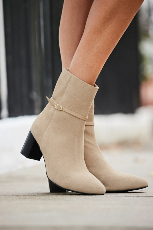 Taupe Suede Buckle Detail Ankle Boots