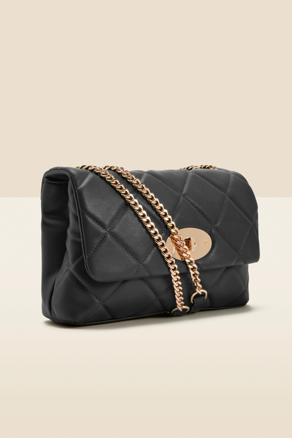 Black Faux Leather Quilted Clasp Detail Cross Body Bag