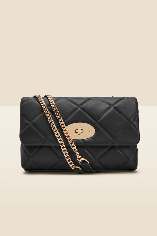 Black Faux Leather Quilted Clasp Detail Cross Body Bag