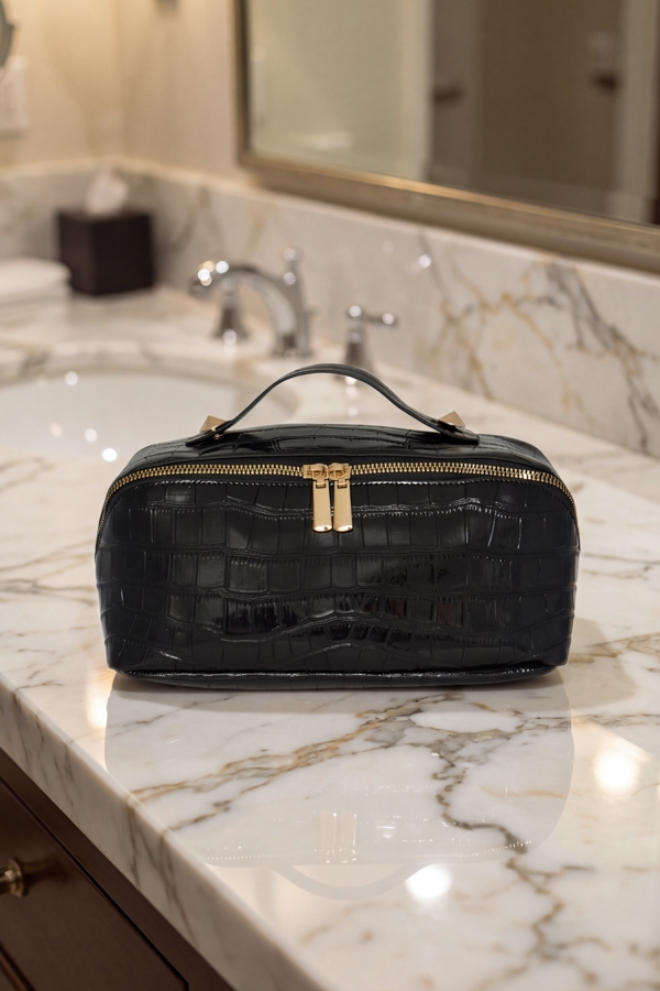 Black Faux Leather Croc Travel Wash Bag