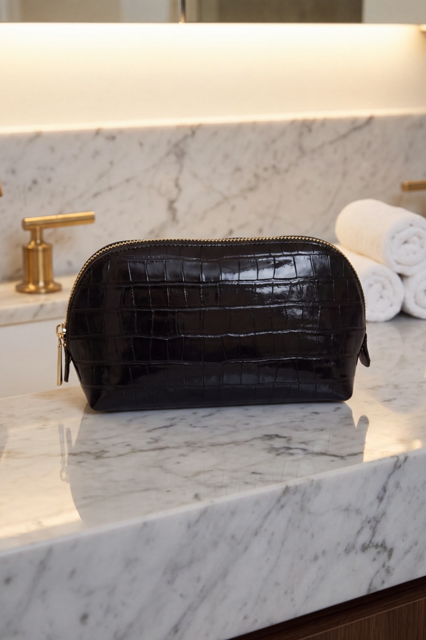 Black Faux Leather Croc Makeup Bag