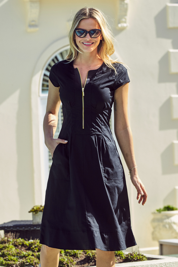 Black Zip Front Fit & Flare Dress With Pockets