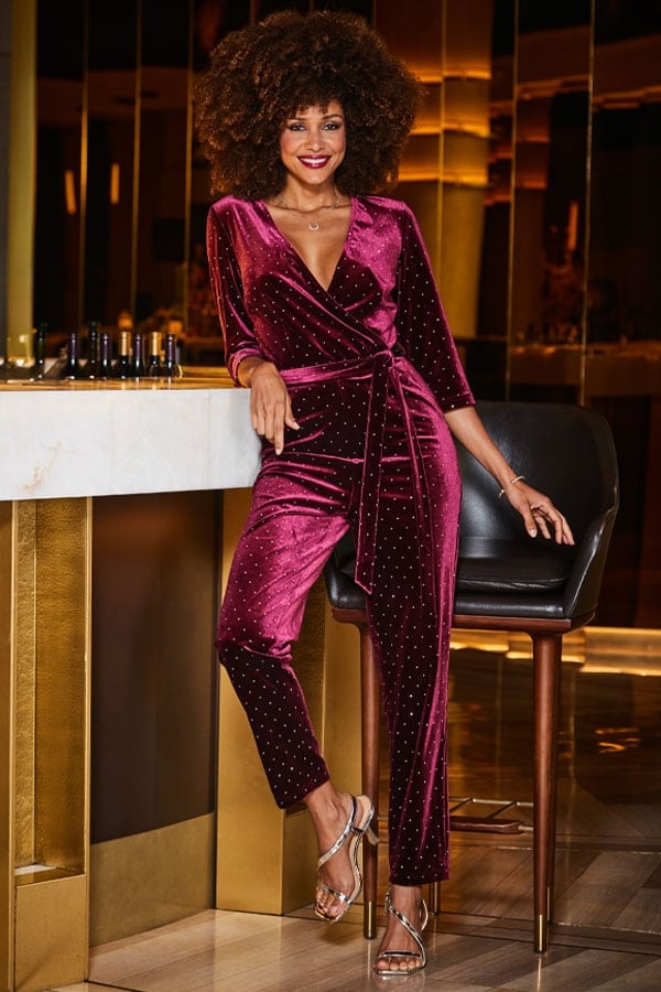 Burgundy Velvet Diamante Stud Faux Wrap Jumpsuit