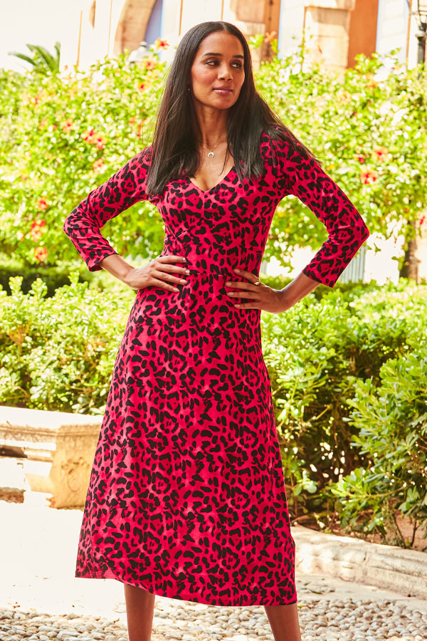 Hot Pink Animal Print Jersey Midi Dress