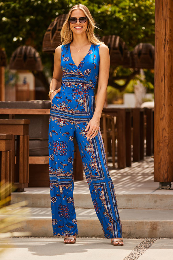 Blue Baroque Print Wrap Front Wide Leg Jumpsuit