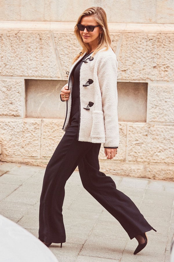 Cream Collarless Super Cosy Borg Coat With Faux Leather Toggle