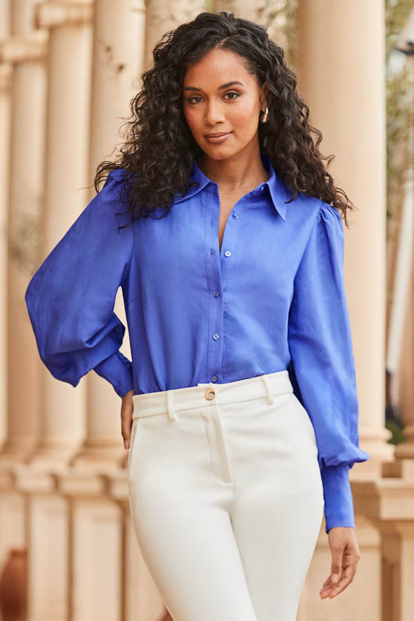 Purple Linen Blend Blouson Sleeve Shirt