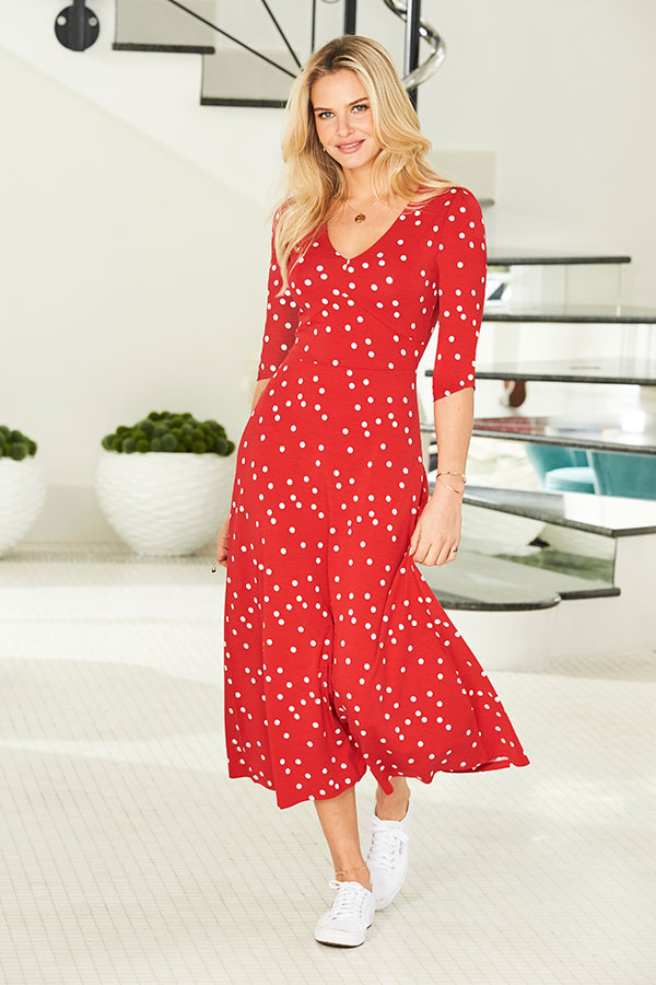 Red & White Spot Print Jersey Midi Dress