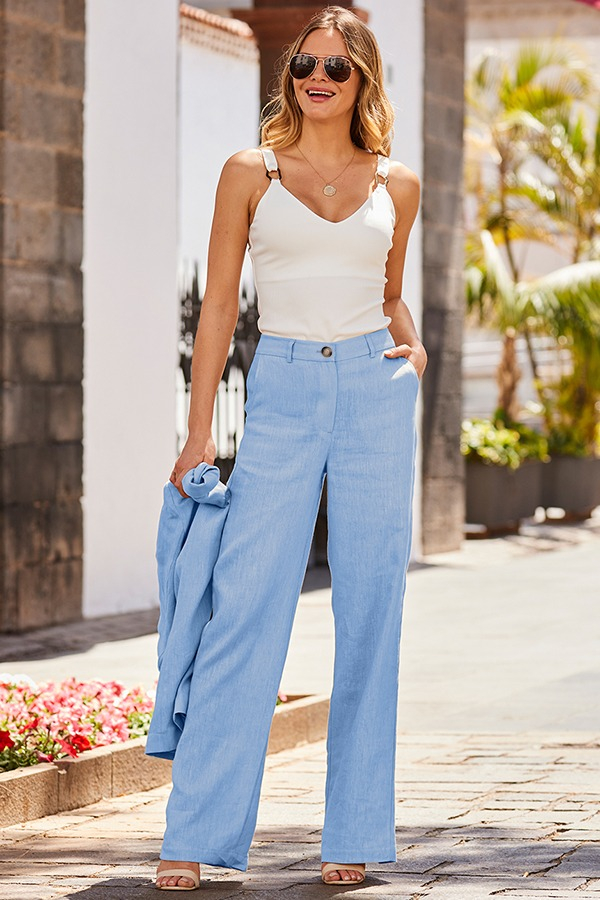 Pastel Blue Linen Wide Leg Trousers