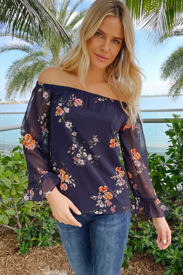 Navy Blue Floral Print Sheer Sleeve Bardot Top