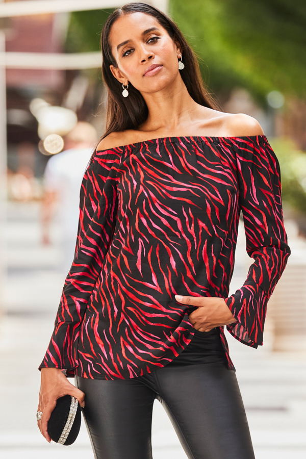 Black & Red Animal Print Fluted Sleeve Bardot Top