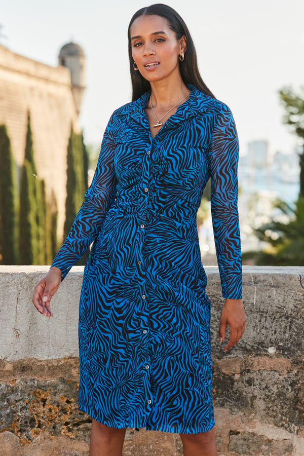 Blue & Black Zebra Print Mesh Shirt Jersey Dress